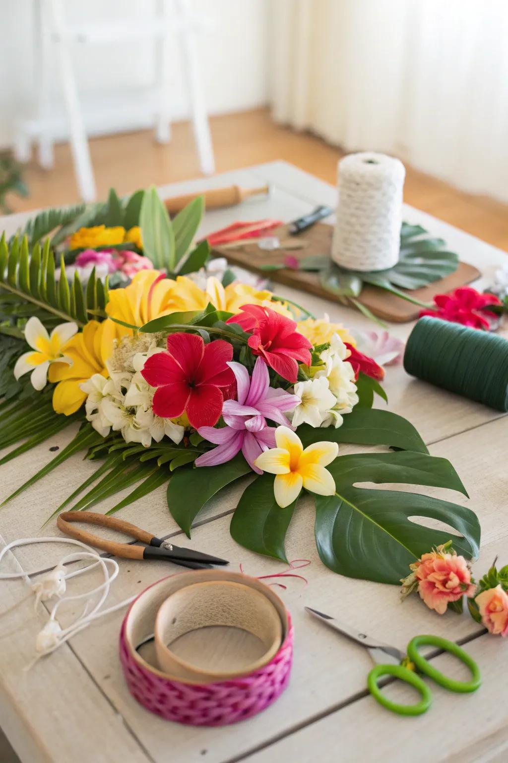 A DIY flower crown station adds a creative touch.