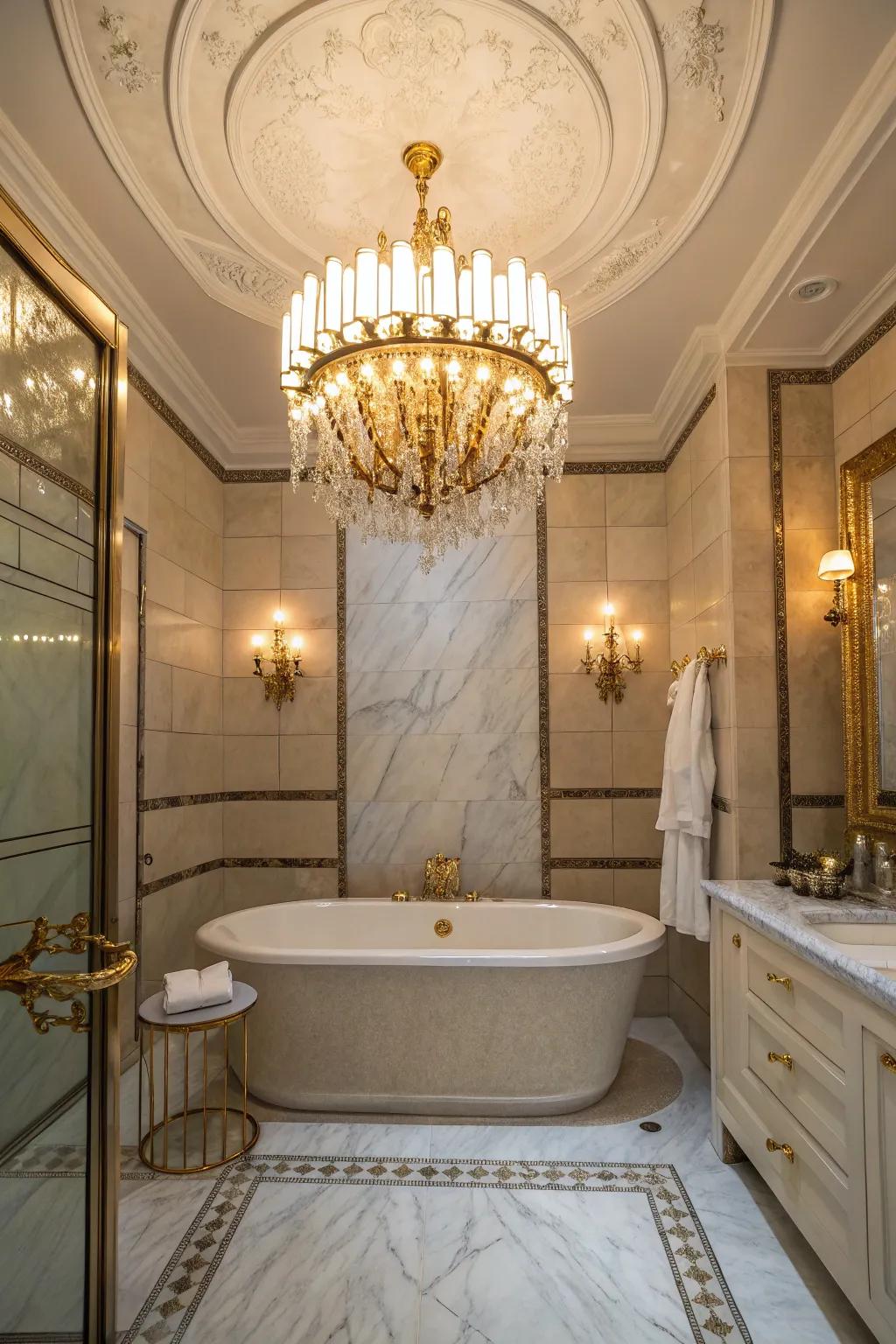 A chandelier adds a luxurious and elegant atmosphere above the tub.