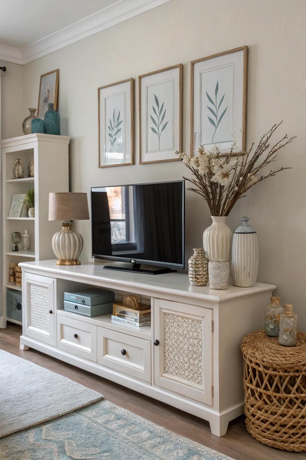 Color-coordinated decor on a TV console.