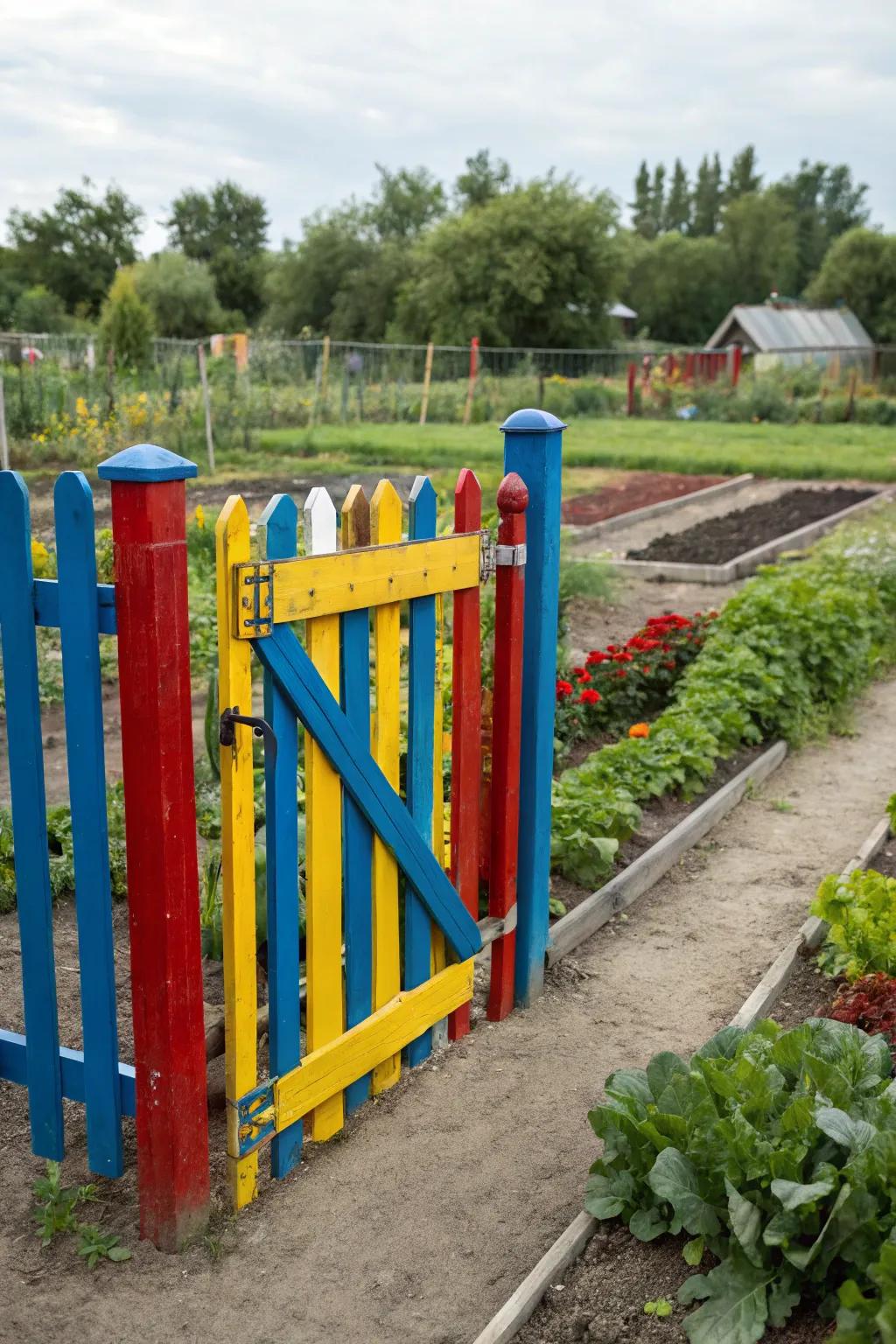 A whimsical painted gate that brings joy to the garden.