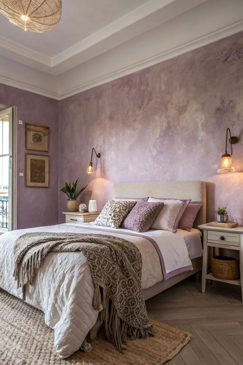 Achieve tranquility with muted Venetian plaster tones in the bedroom.