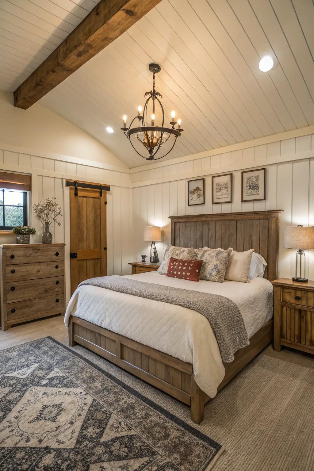 Beadboard wainscoting adds rustic charm to any master bedroom.