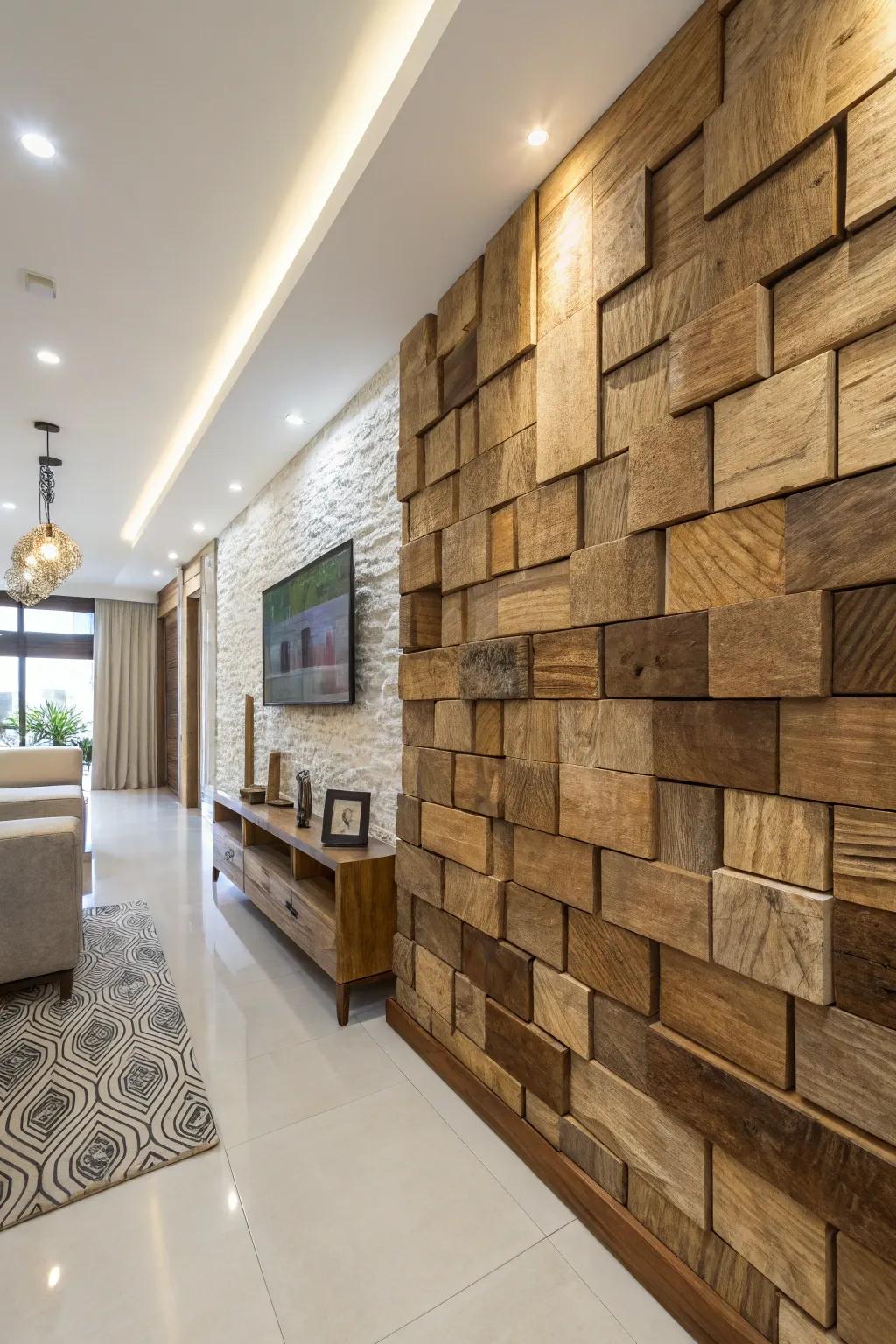 Add depth with 3D wooden wall designs.