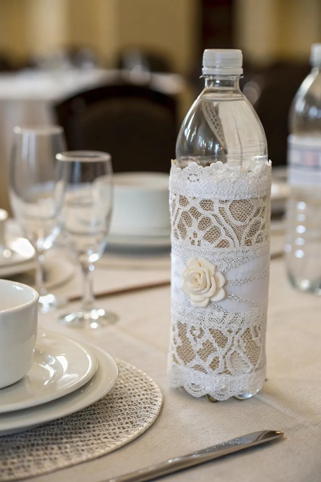 An elegant water bottle covered with white lace.