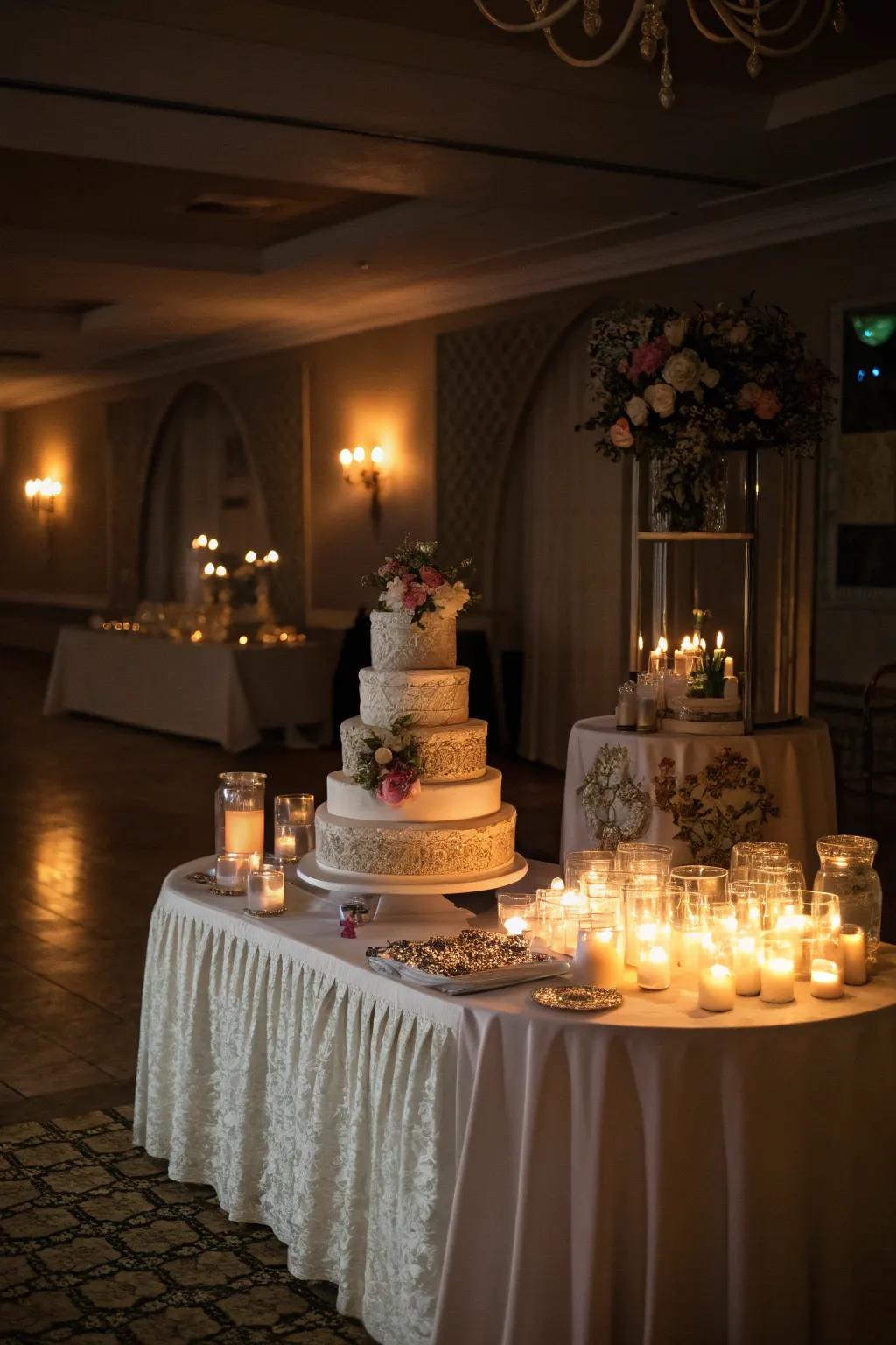 A wedding cake display enhanced by the warm glow of candlelight.