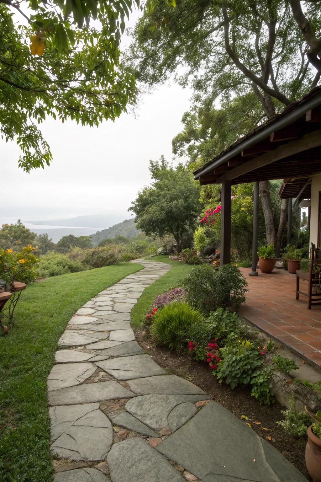A stone walkway adds a country touch to the patio entrance.