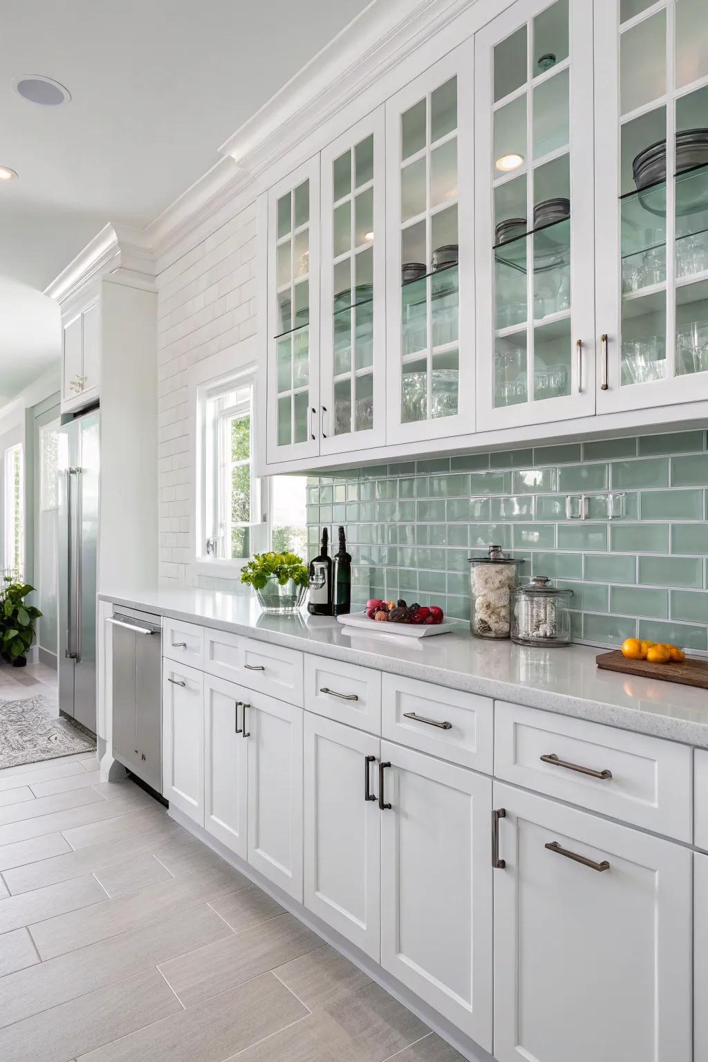 Glass subway tiles adding a reflective touch to white cabinetry.