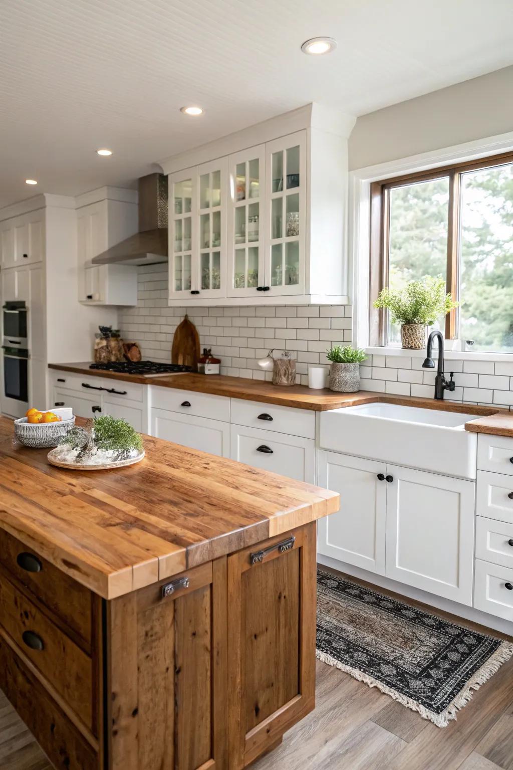 A harmonious blend of rustic and modern elements in a kitchen.