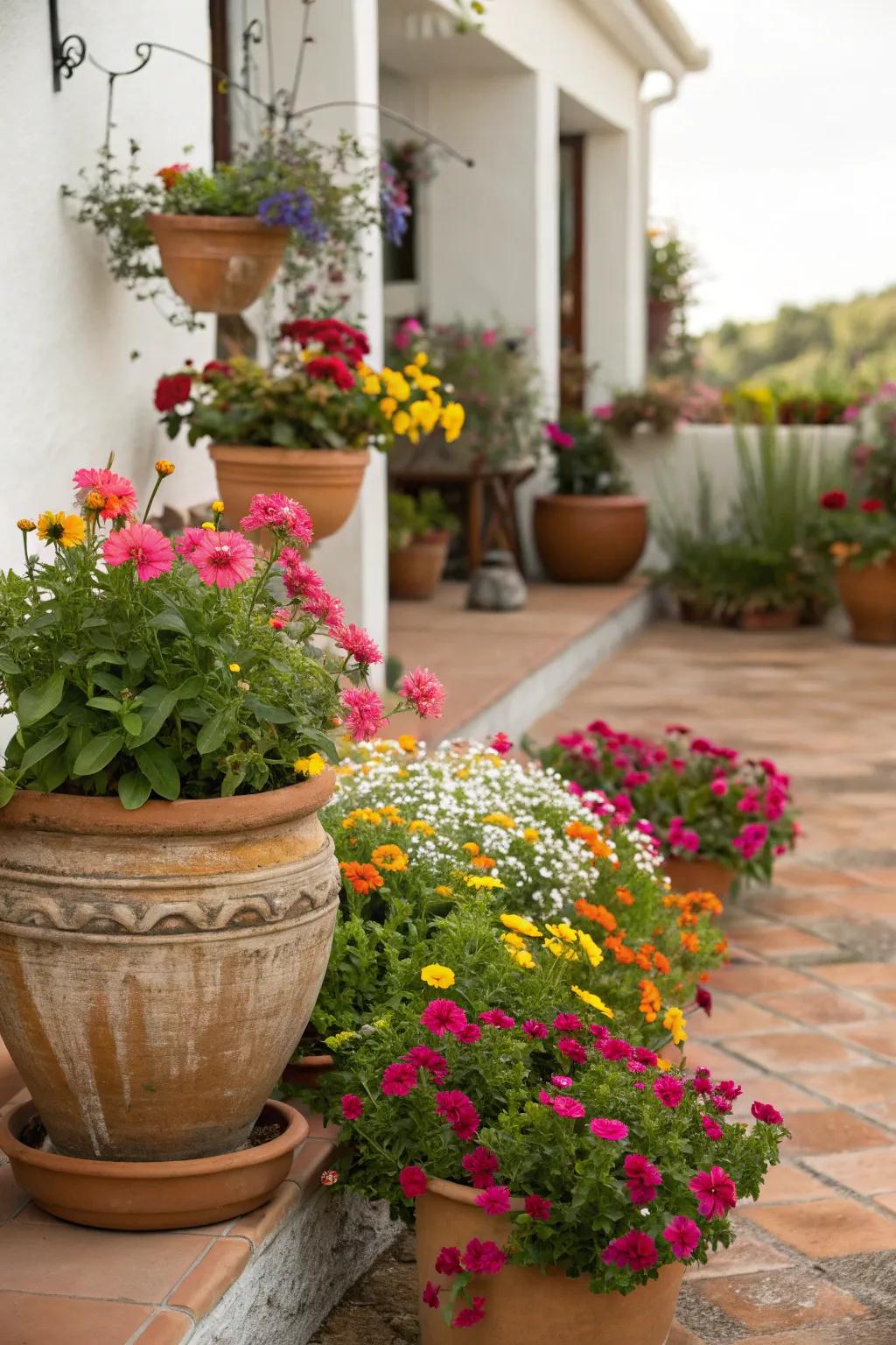 A vibrant display of wildflowers in decorative pots.