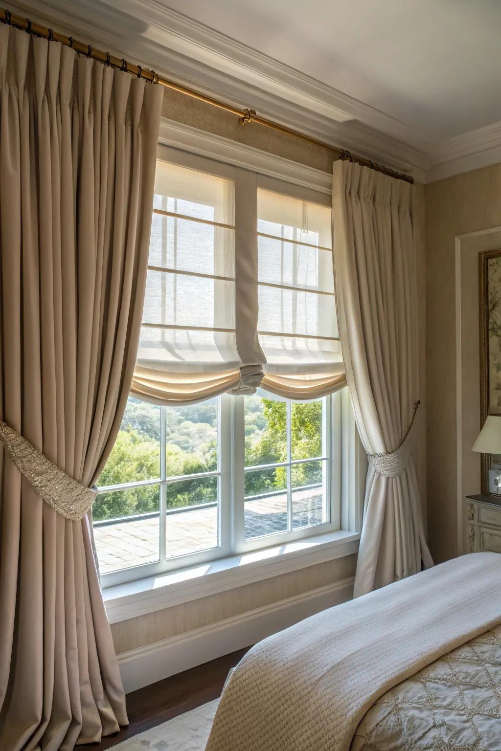 Roman shades provide a polished sophistication to this sleeping quarter's window.