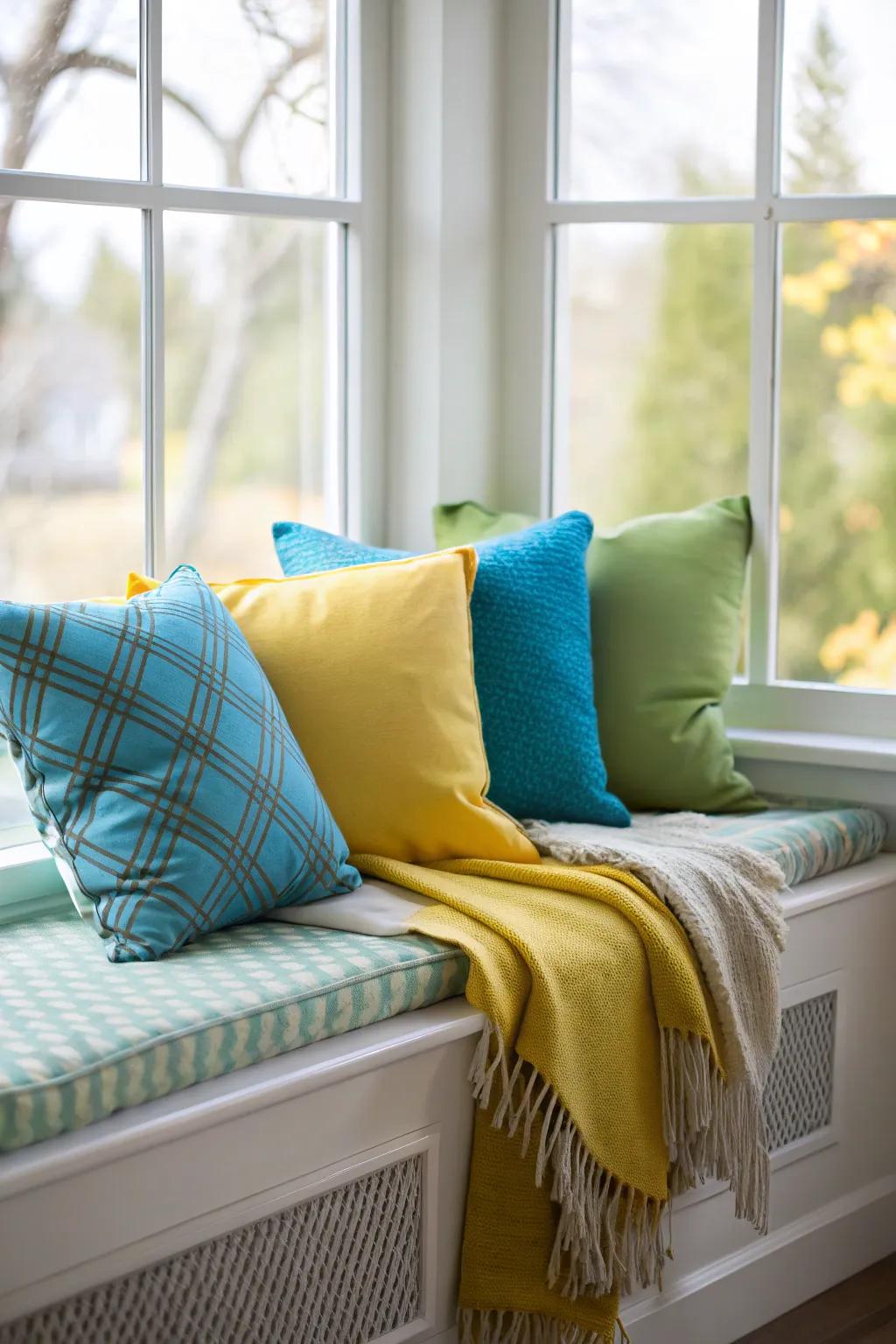 A window seat adorned with vibrant cushions and a cozy throw.