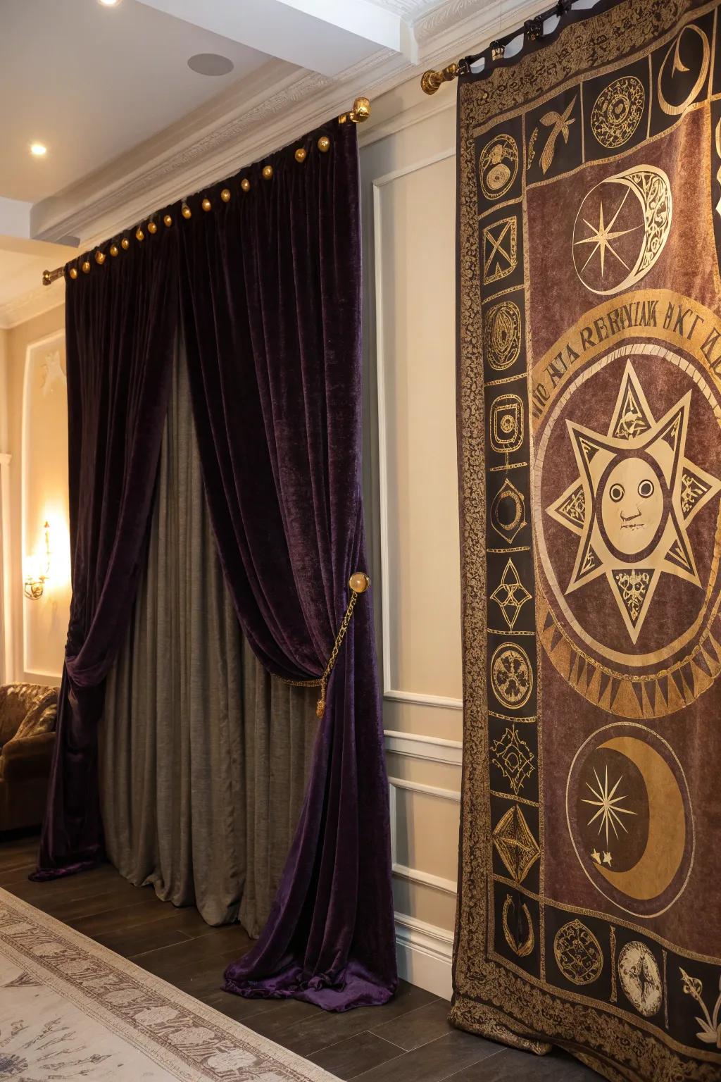Lavish fabrics add warmth and dimension to your witch-themed decor.