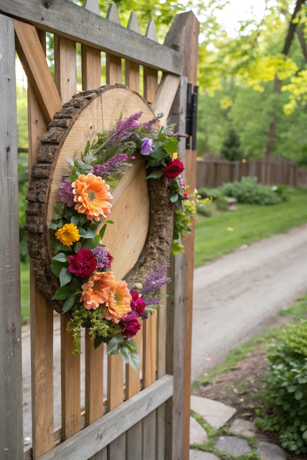 Floral fantasy with wood slices for a vibrant touch.