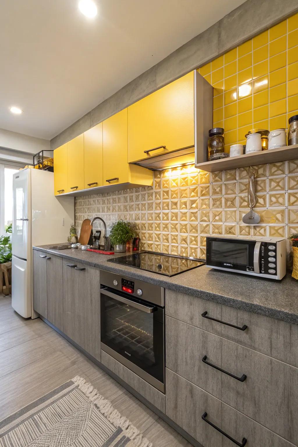 Gray counters complement the sunny yellow backsplash perfectly.