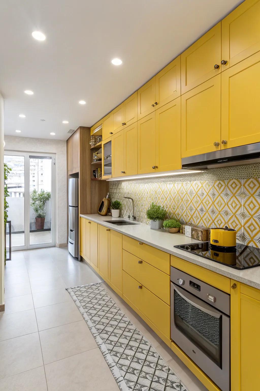 A kitchen brightened by yellow cabinetry.