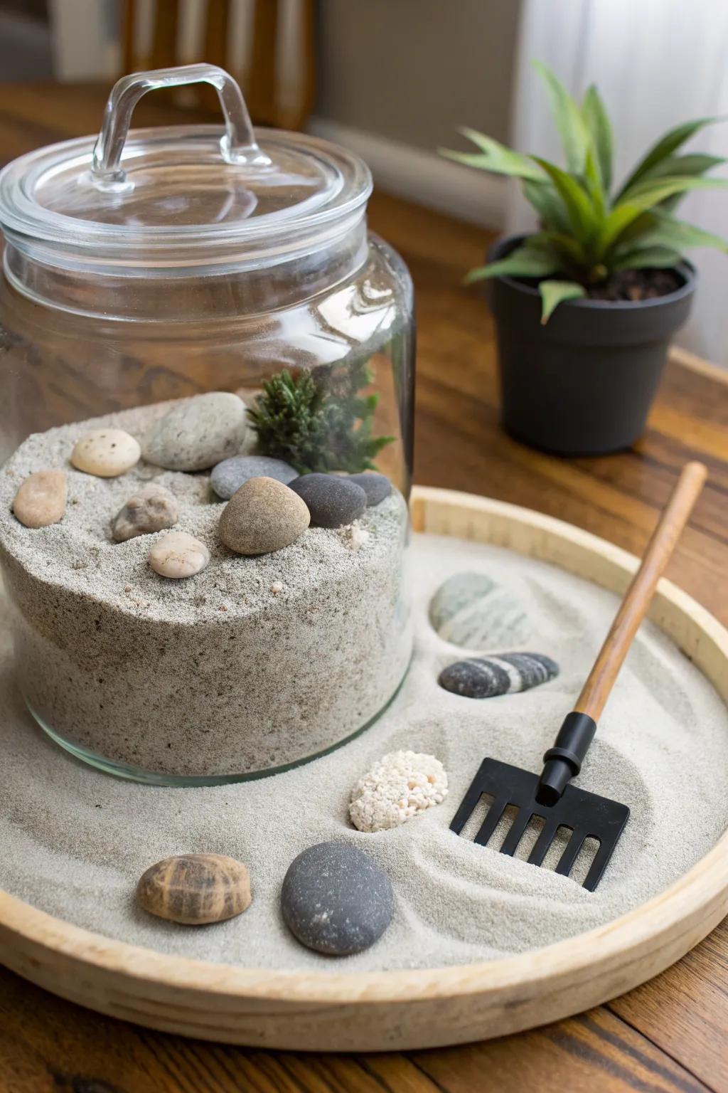 A calming Zen garden terrarium with sand and stones.