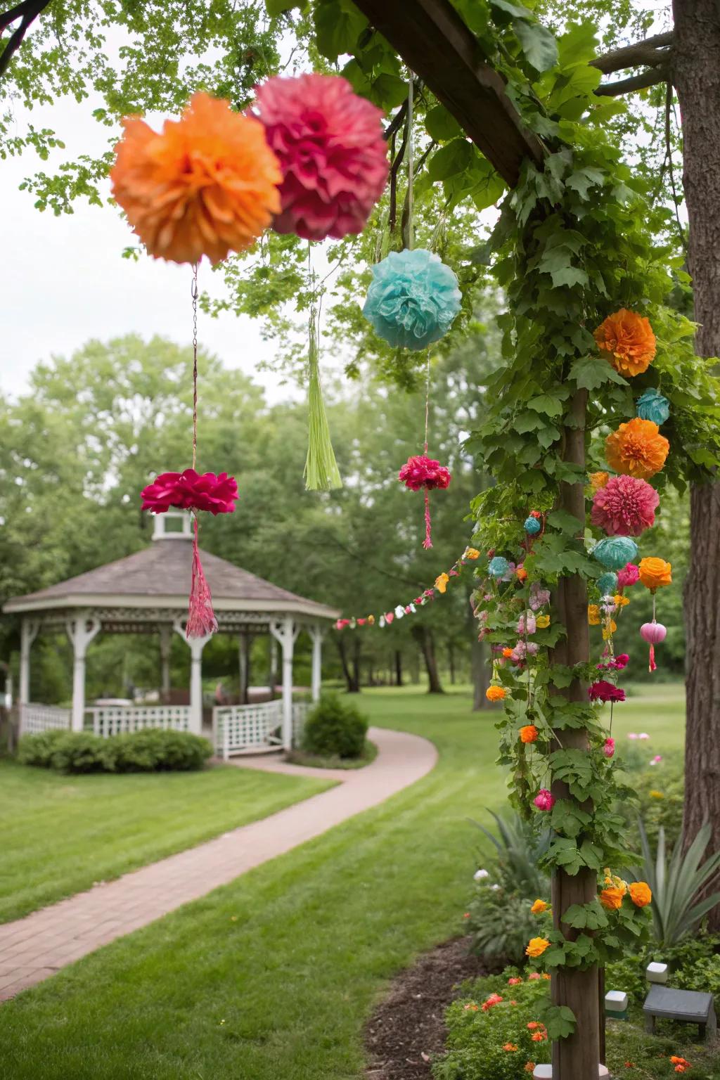 Eco-friendly paper flowers add color to a garden party.