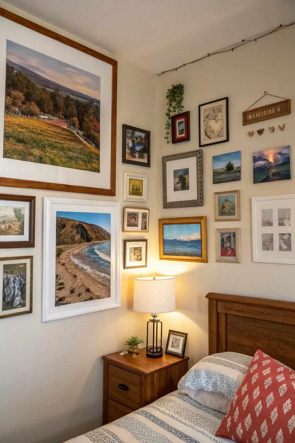 Gallery wall showcasing personal art and photos.