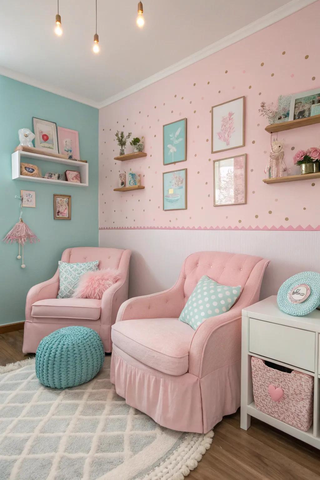 Pastel hues create a serene and spacious atmosphere.