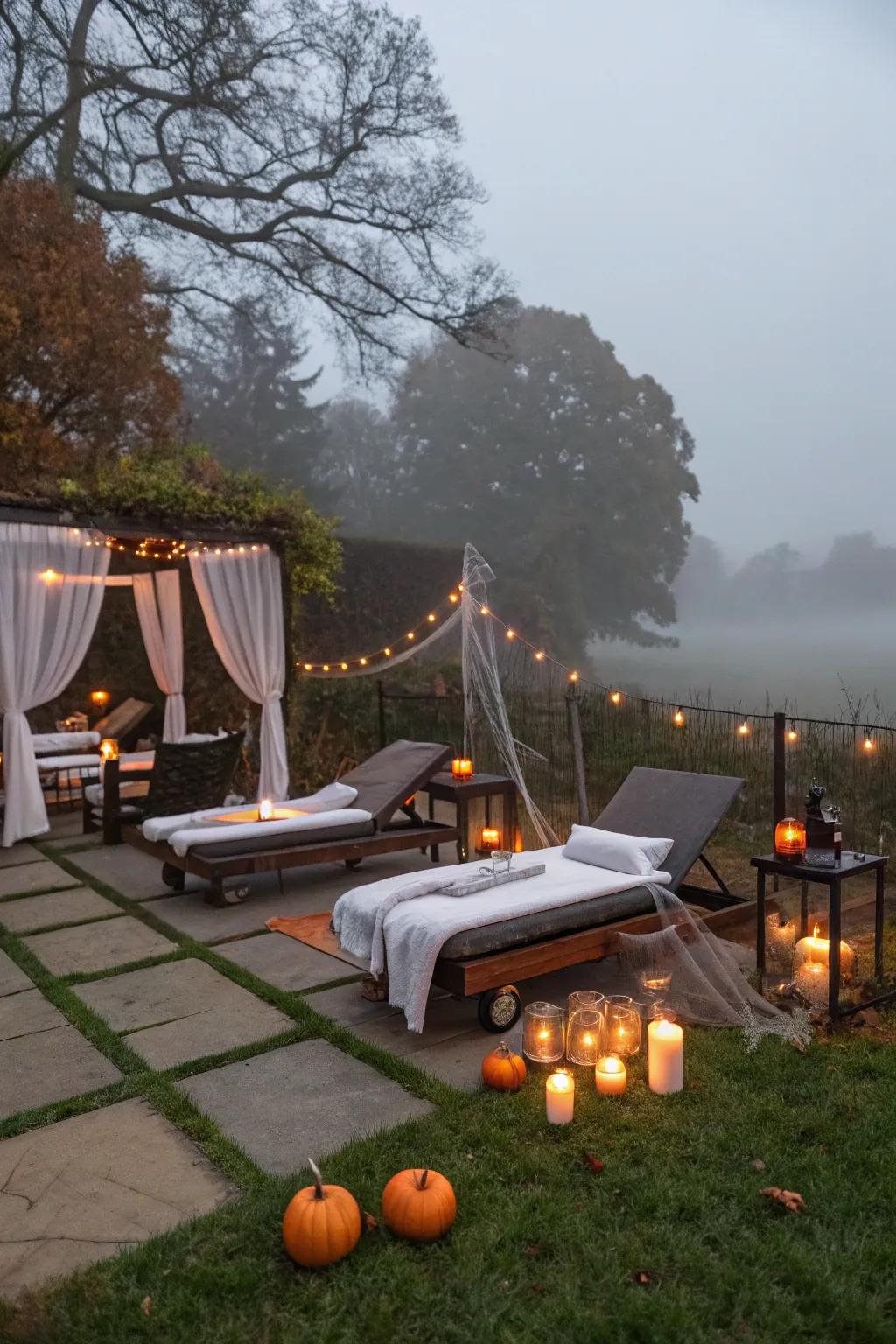 An outdoor spa setup for a relaxing Halloween night.