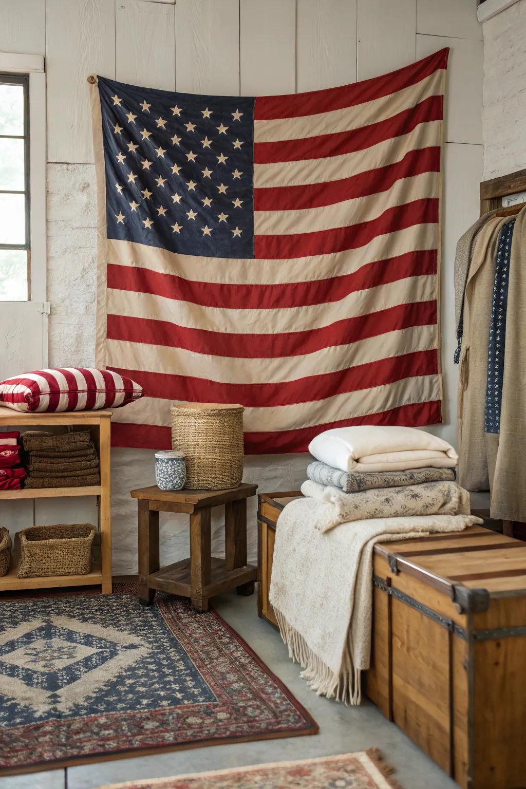 Layered textures with a flag bring depth to this room.