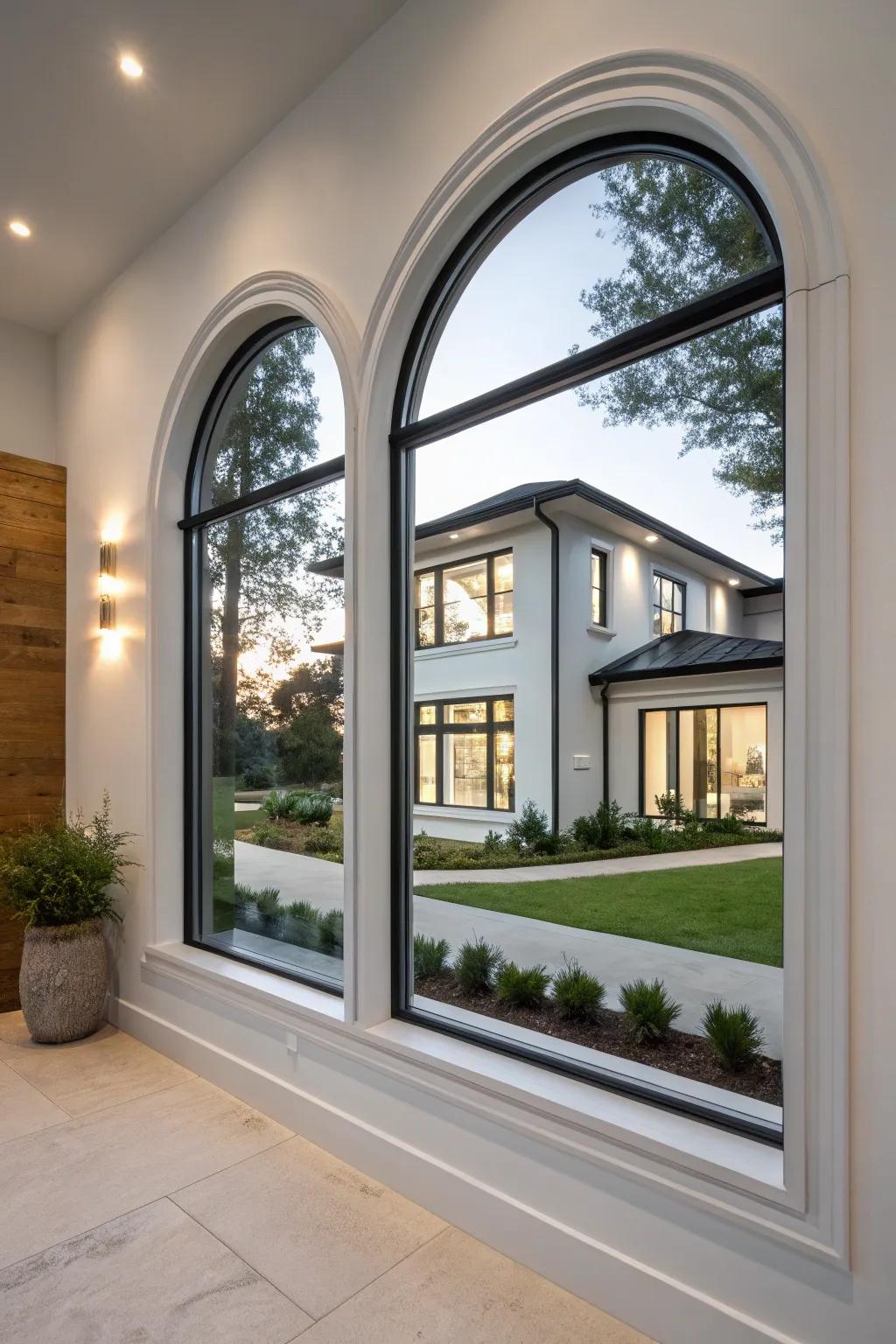 Modern lines give a sleek, updated look to traditional arch windows.