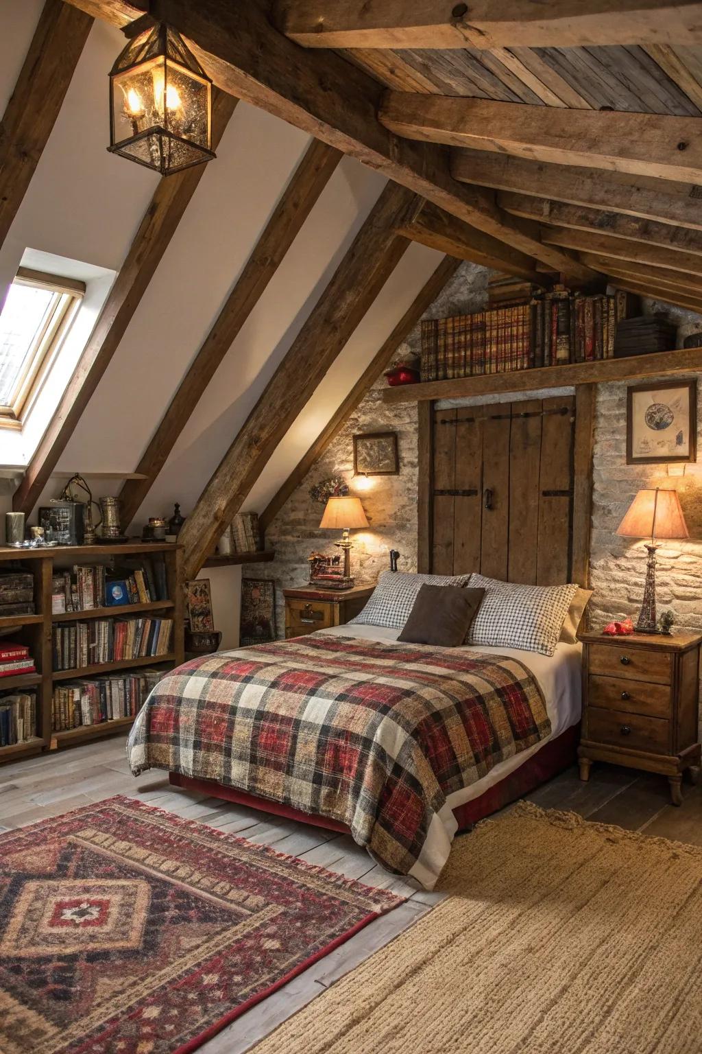 Exposed wooden beams impart rustic appeal to your attic getaway.