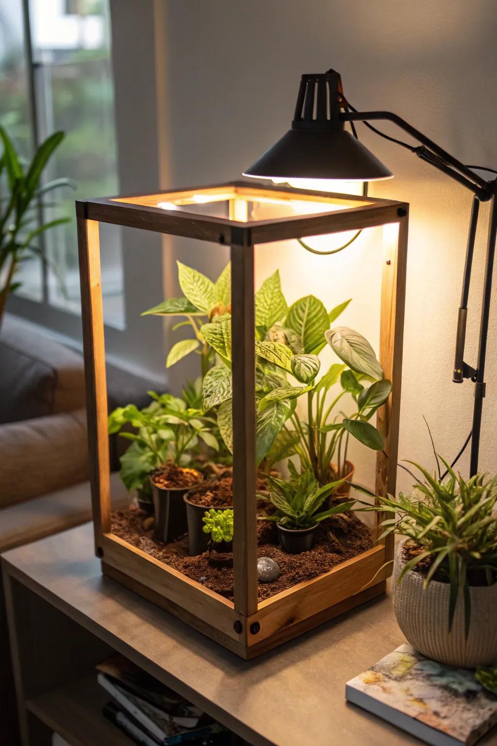 A DIY grow light lamp casting a warm glow over a small indoor garden.