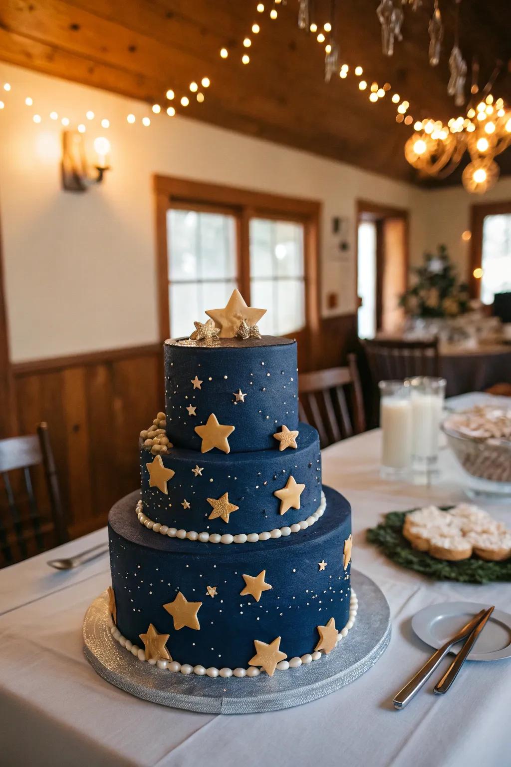 Dreamy starry night-themed cake with fondant stars.