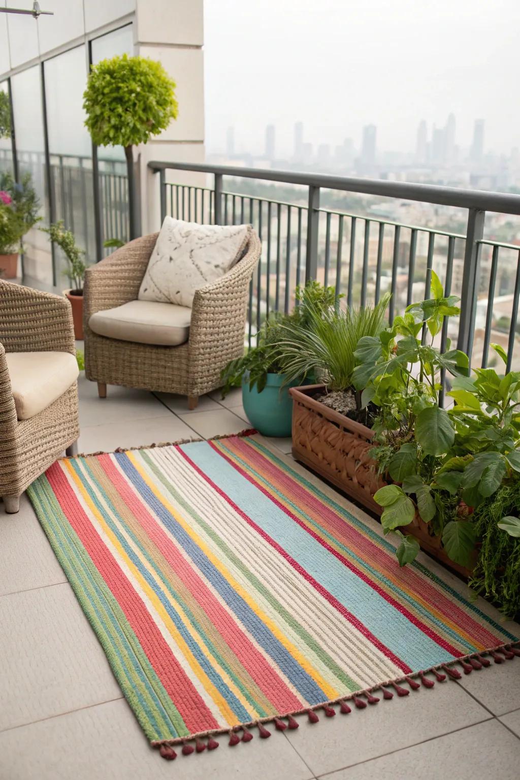 Outdoor rugs bring warmth and splashes of color to your balcony.