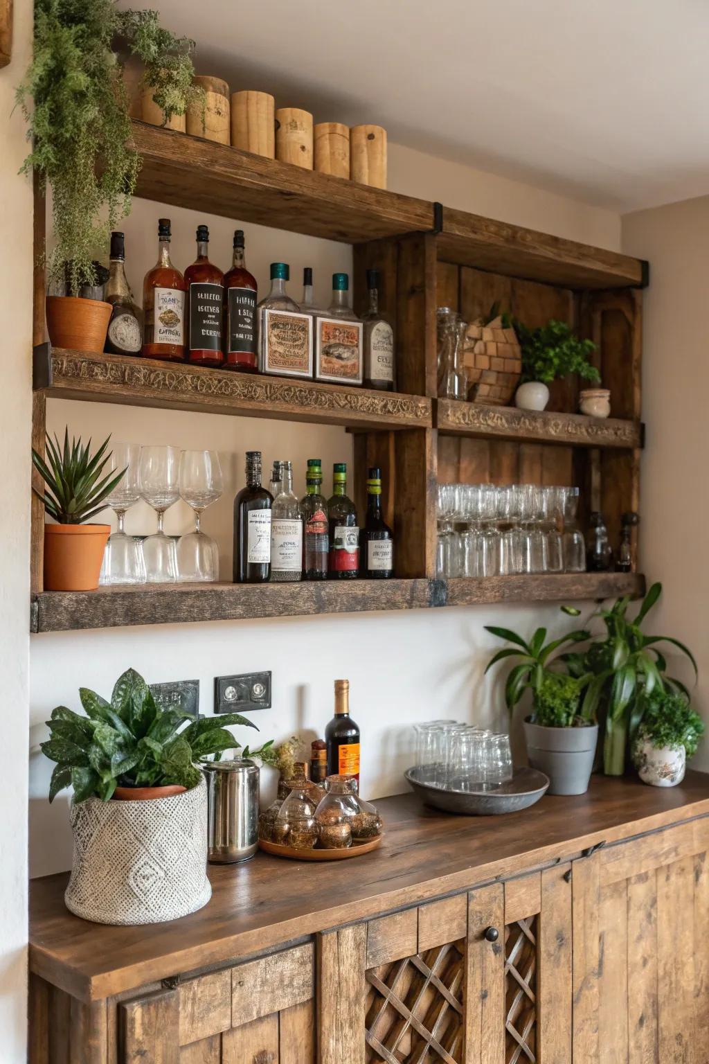 Reclaimed wood shelves add character to your bar.