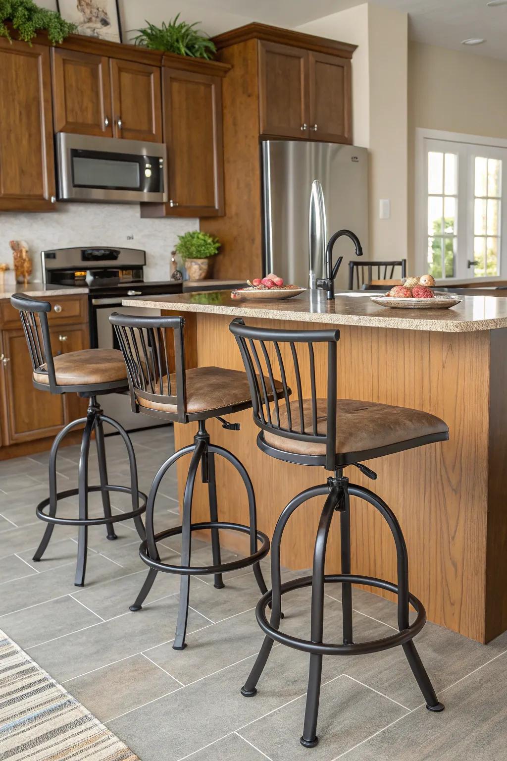 Adjustable height bar stools for versatile seating.