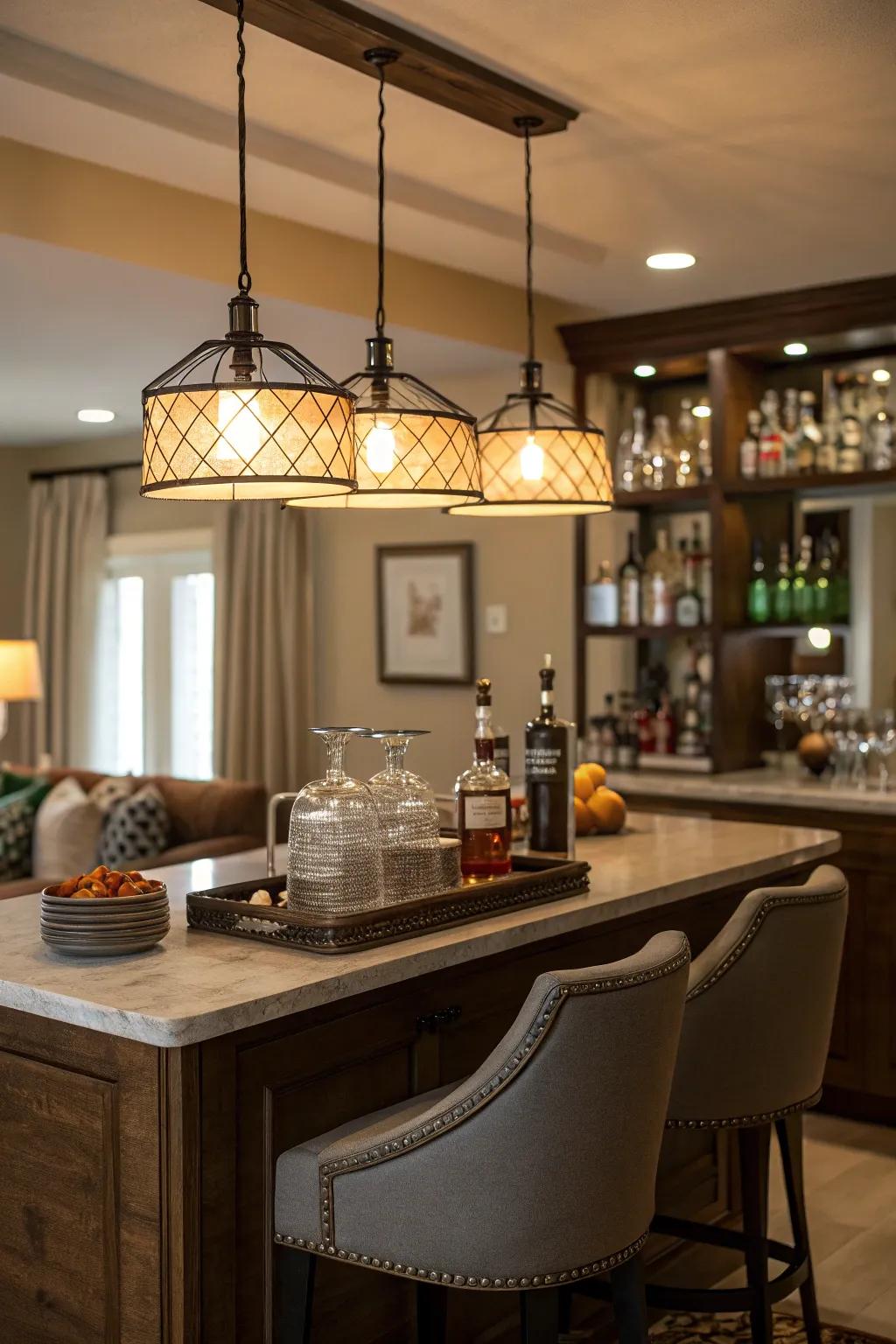 Elegant home bar table complemented by ambient lighting.