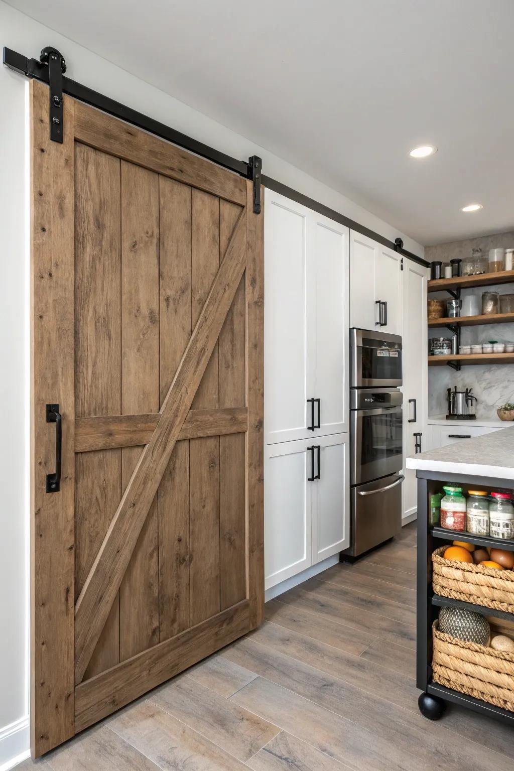 A kitchen with a sliding barn door pantry featuring minimalist black hardware.