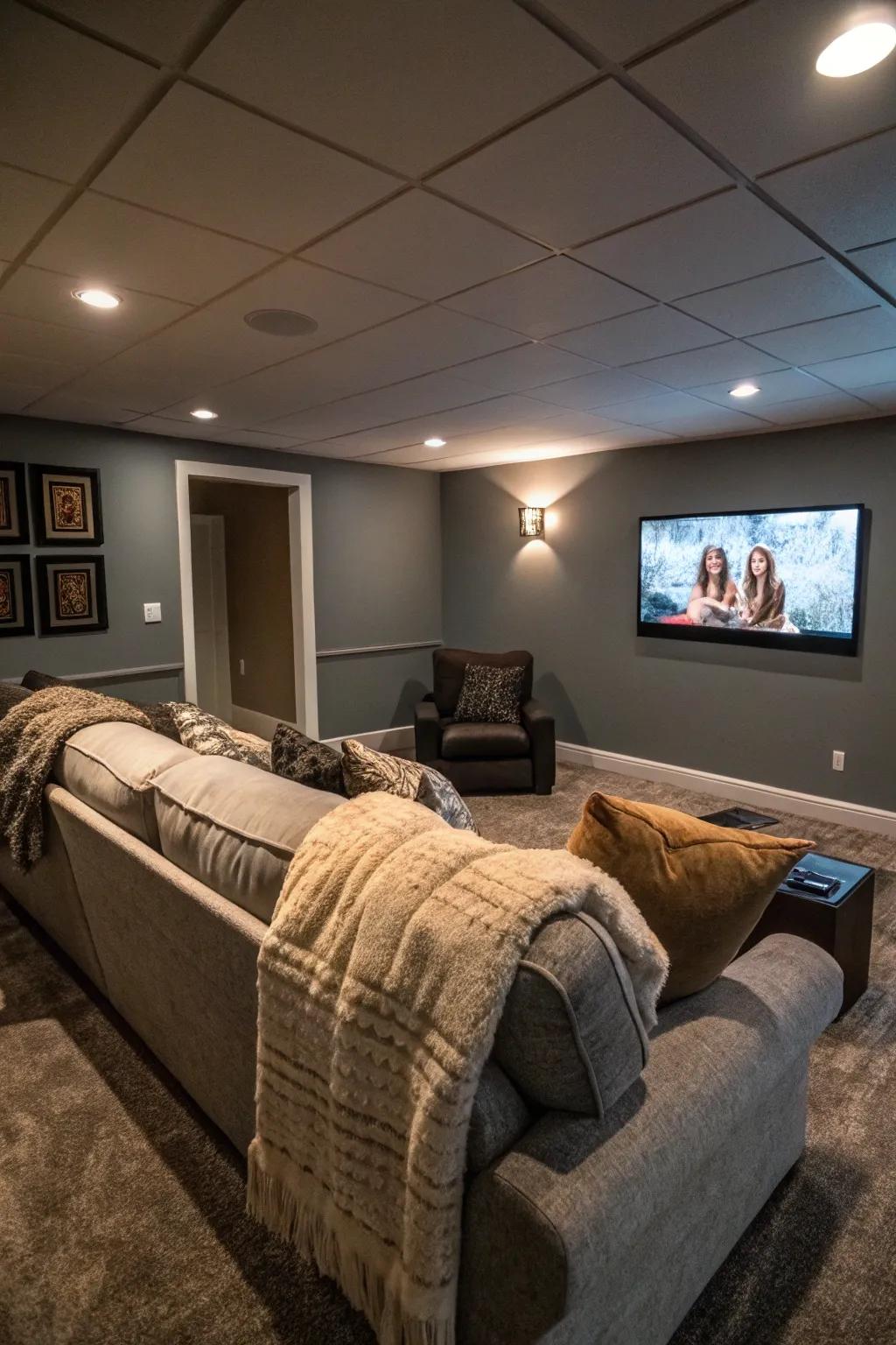 A cozy basement TV area with comfortable sofas positioned for optimal viewing pleasure.