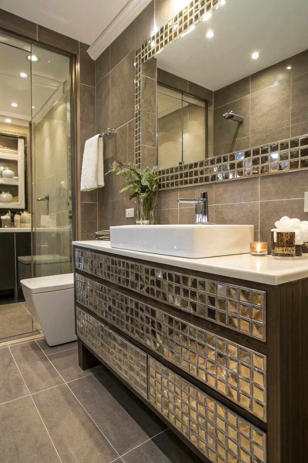 Metallic trims bring a touch of modern luxury to the bathroom.