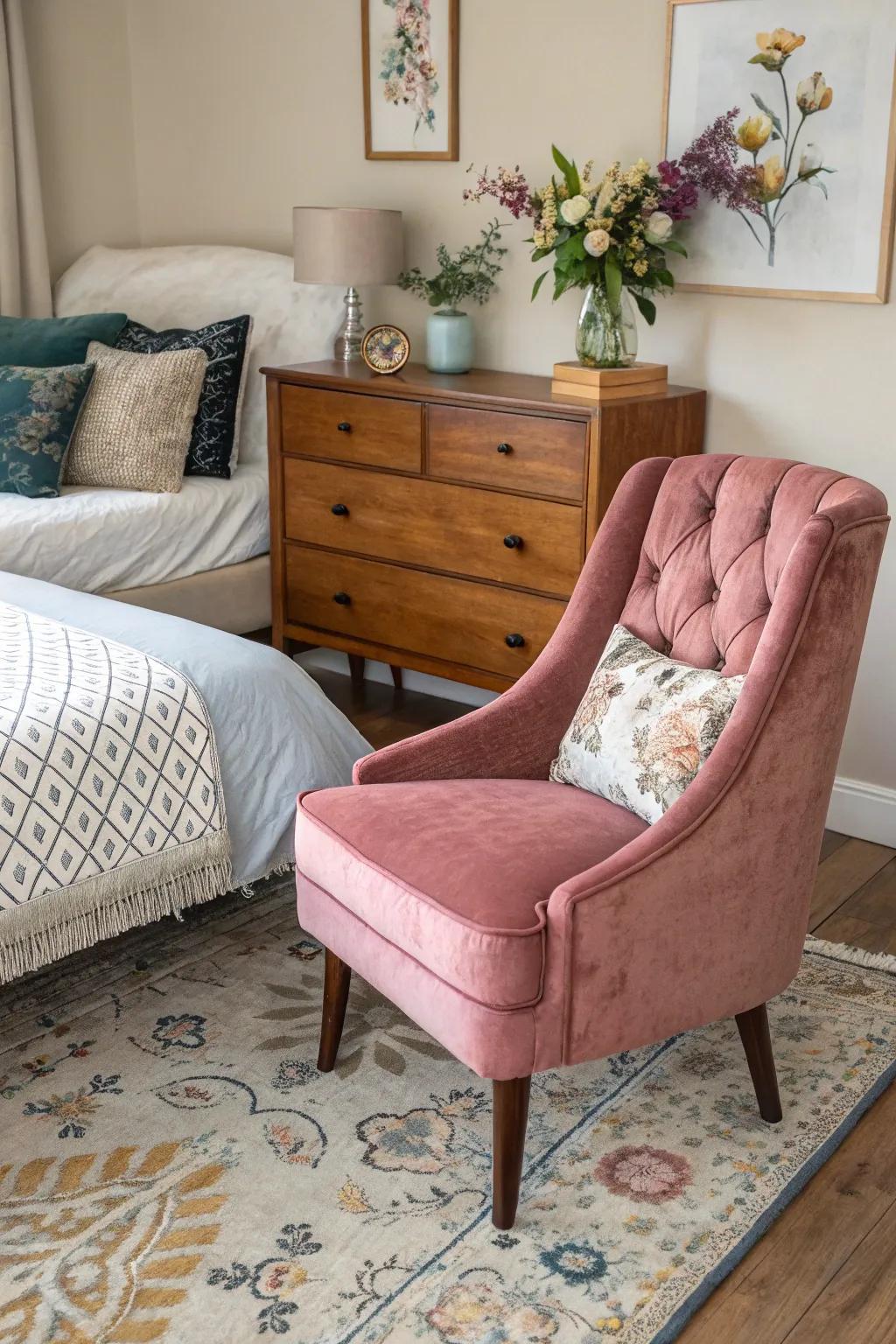 Velvet chairs add a luxurious feel with their plush texture.