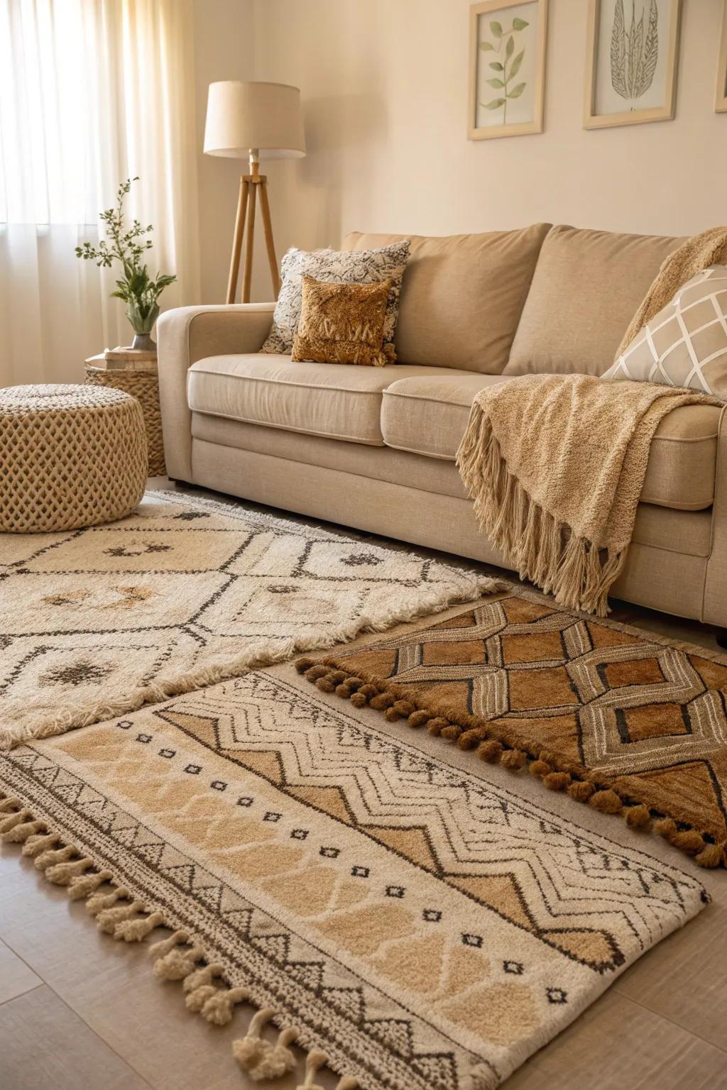 An artistic approach to rug layering in a living room with a beige couch.