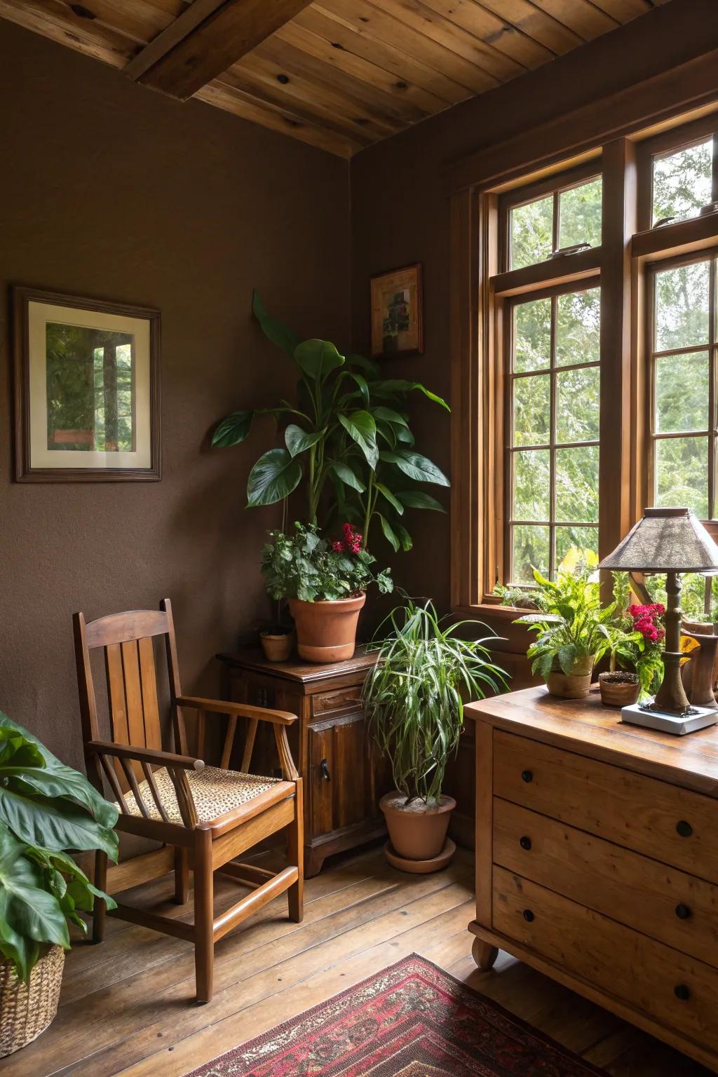 Grounded elegance with natural timbers and greenery.
