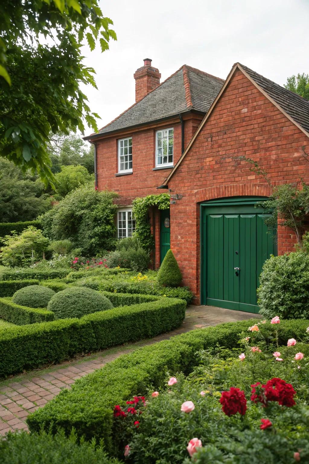 A green garage door harmonizes beautifully with surrounding greenery.