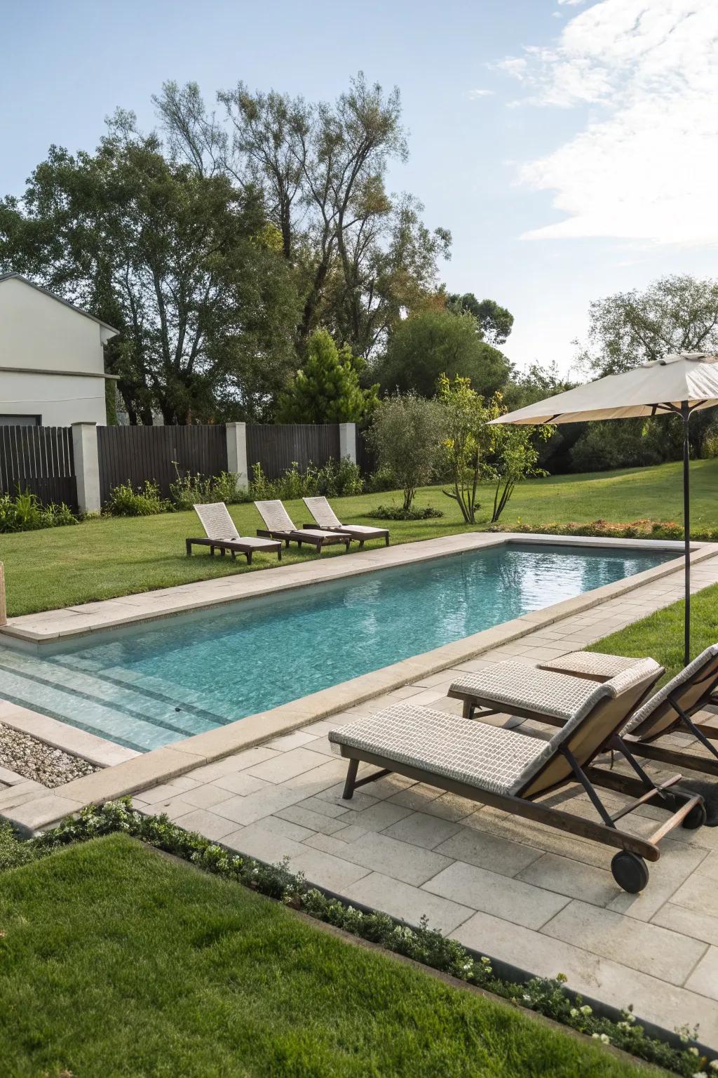 A refreshing swimming pool serves as the centerpiece for relaxation.