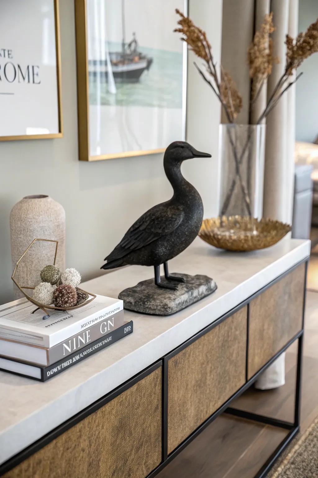 A black duck mount on a stone base, perfect for modern decor.