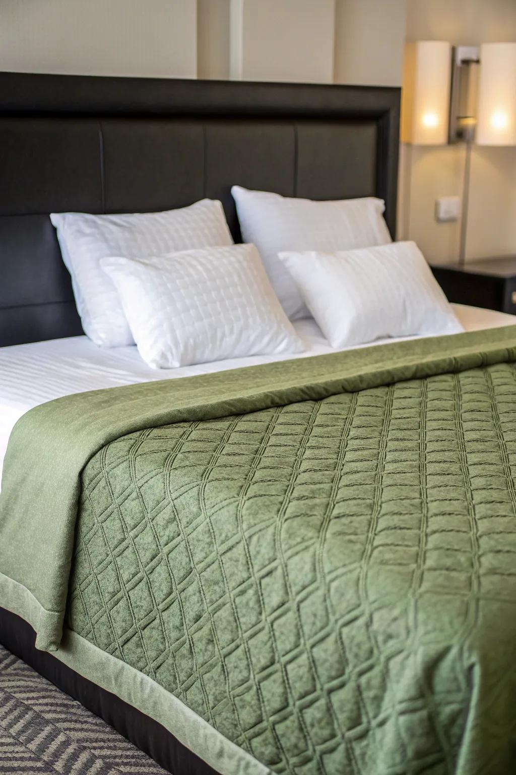 Textured green bedding providing comfort and style.