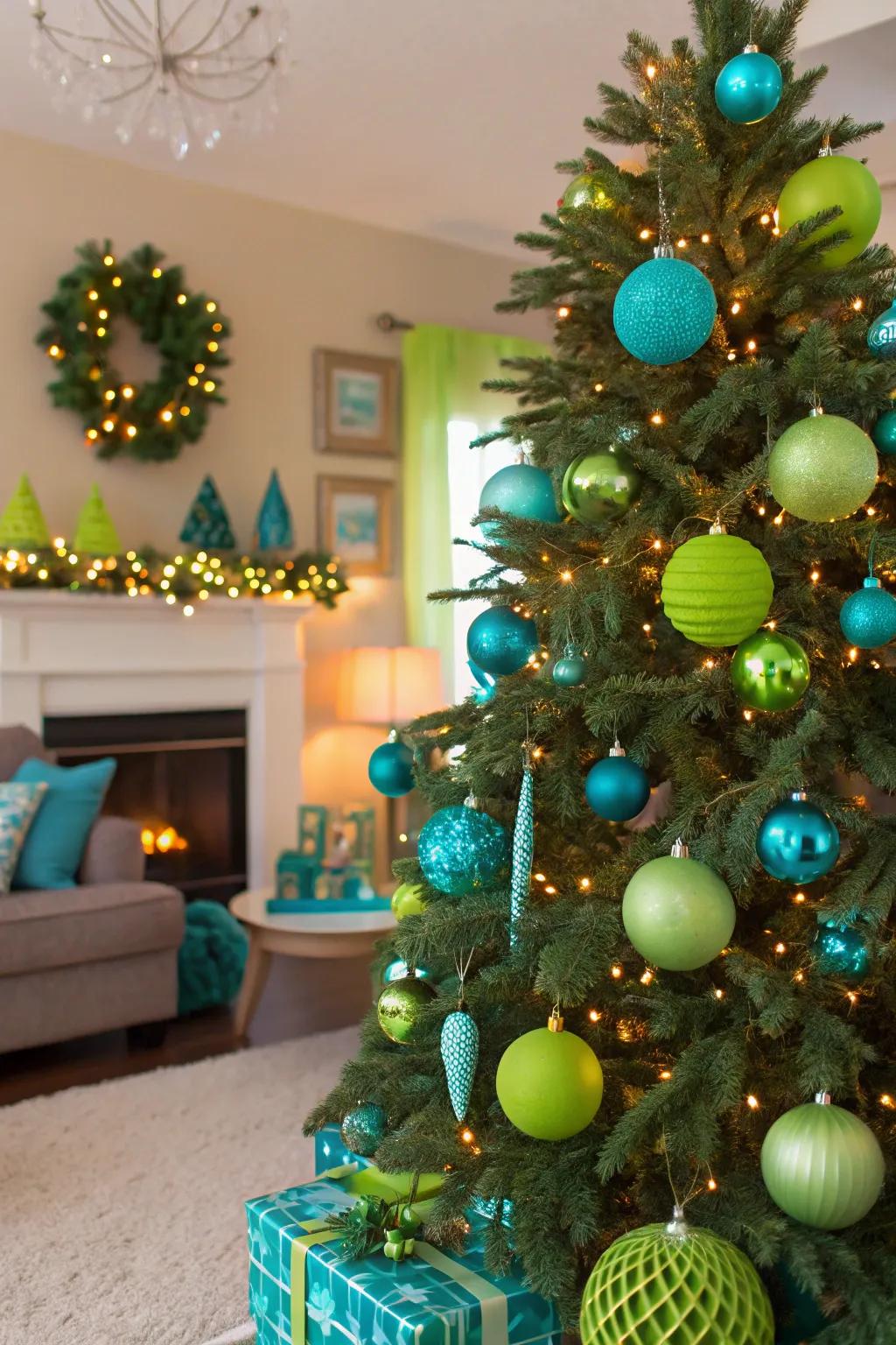 A vibrant turquoise and lime green tree that adds energy to your holiday décor.