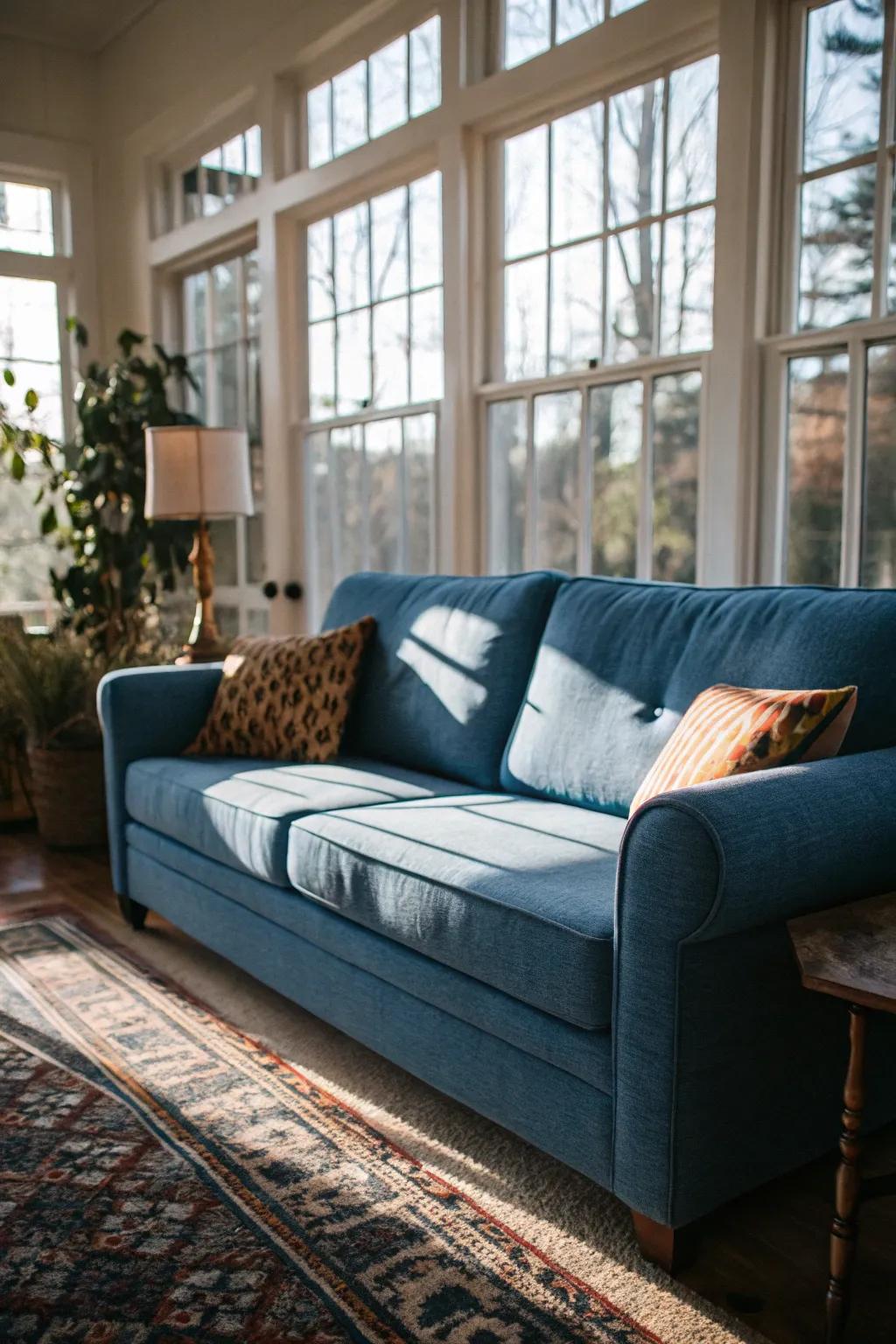 Natural light enhances the vibrancy of a blue sofa.