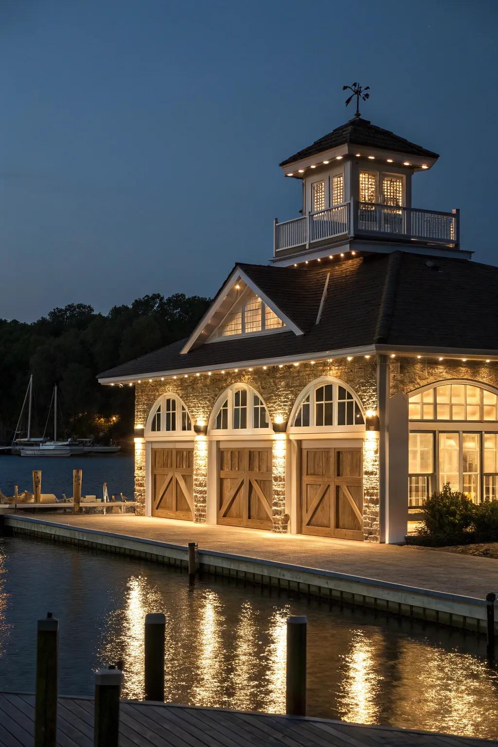 Architectural lighting highlights the unique features of the boat house.