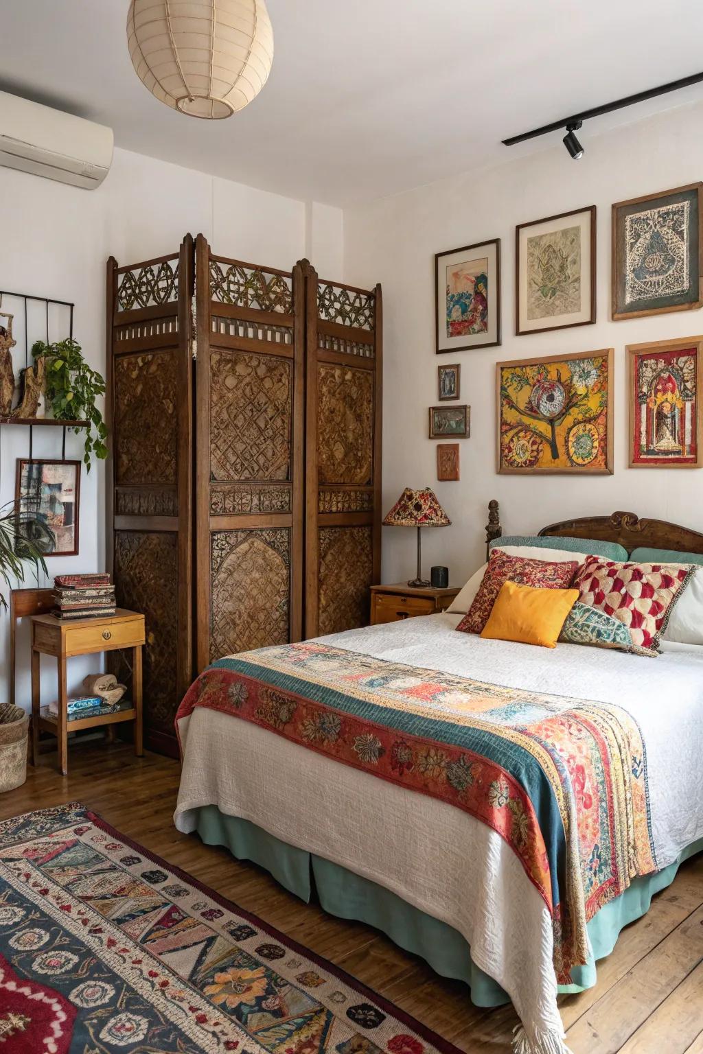 A vintage screen, creatively repurposed as a headboard, brings both character and charm.
