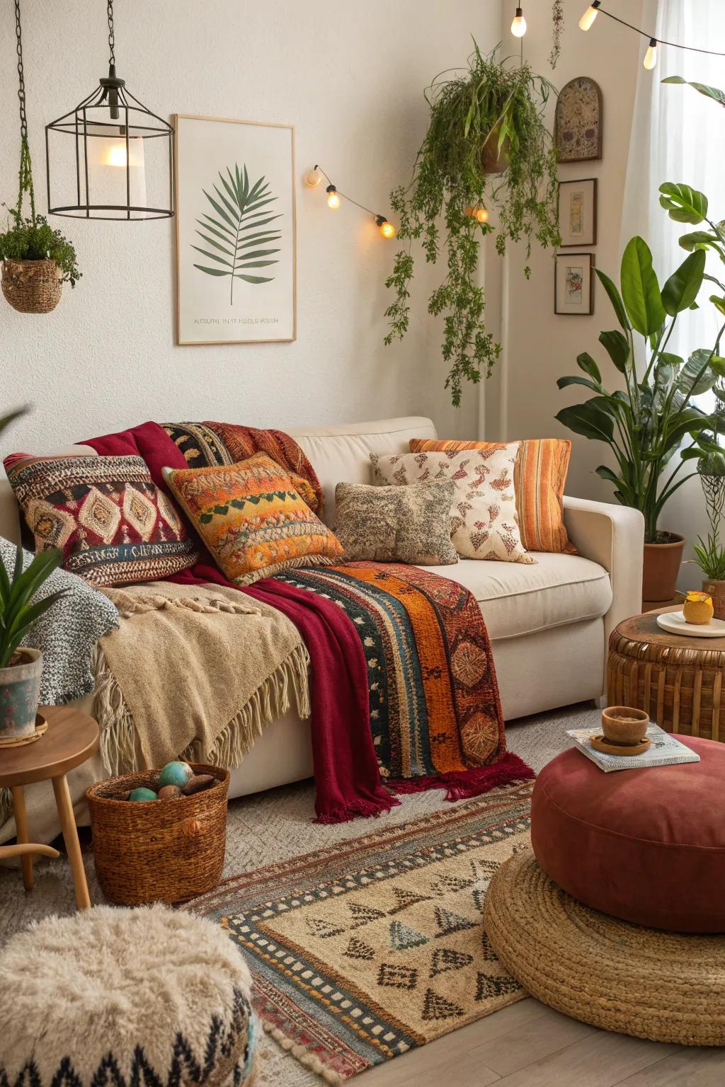 Comfort is key in a boho living room.