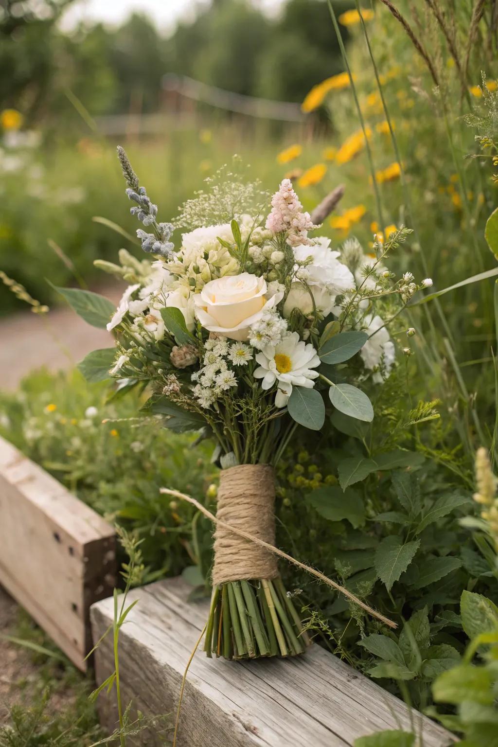 String wraps imparting an organic texture to wildflower wedding bouquets.