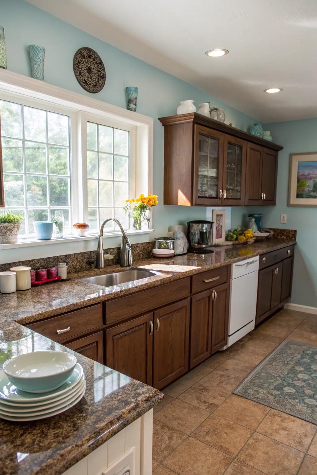 Pale blue brings a serene contrast to the richness of brown granite.